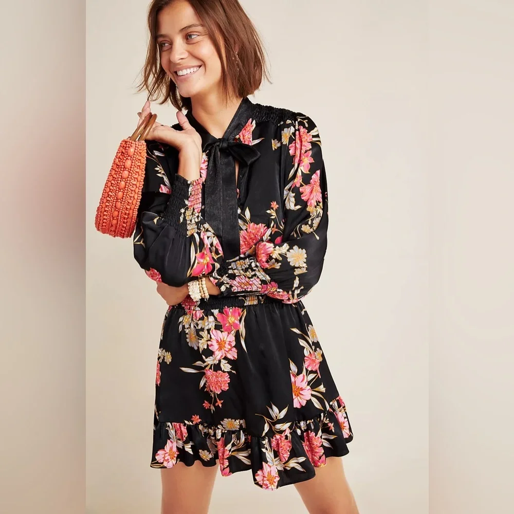 Misa Los Angeles Iyana Tie-Neck Smocked Waist Mini Dress Black Floral Size Large - Picture 2 of 10